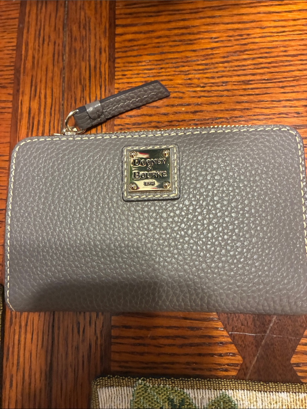 Dooney & Bourke Gray Pebbled Leather Zip Card Wallet with Gold Hardware
